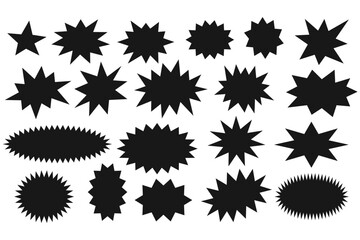 set of vector black stickers in the form of a  sunburst badges and multi-pointed star, discount tags.