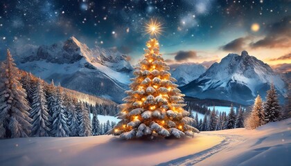 Shining Christmas tree against the background of snow-capped mountains. - obrazy, fototapety, plakaty