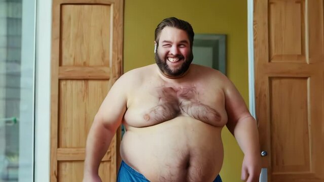 Positive plus size topless middle aged man dancing in  room. Nude body positive overweight man smiling at camera. Optimist in life who accepts himself and body.