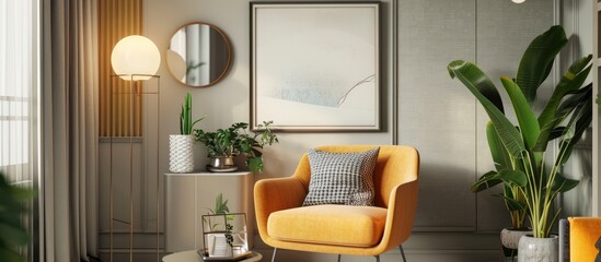 The living room features a sophisticated and luxurious interior, showcasing a honey yellow armchair, a gray mock-up frame, a gold lamp, a mirror, a plant, a pillow, and stylish accessories.