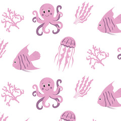 Fototapeta na wymiar Seamless pattern with purple sea animals and algae on a white background. Vector illustration.