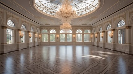 Lavish ballroom in palatial estate with coffered ceilings and crystal chandeliers. - obrazy, fototapety, plakaty