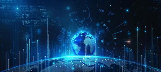 A digital background featuring blue graphs and arrows with the Earth at the center, symbolizing global financial market data or stock trading charts Generative AI