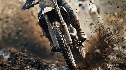Motocross racing, where the rider races along a muddy track, kicking up splashes of dirt behind him