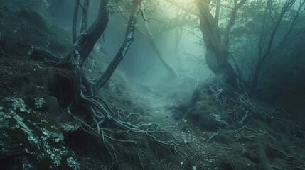 Misty mountain peaks emerging from the serene fog, ancient trees with twisted roots sprawling across the enchanted forest floor