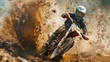 Motocross racing, where the rider races along a muddy track, kicking up splashes of dirt behind him