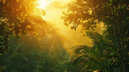 Sunset over the vast, untouched Amazon rainforest, a kaleidoscope of greens and golds, vibrant and teeming with life