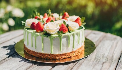 Cake with strawberries and cream roses, delicious dessert on frosting outdoors.