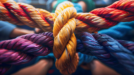 Team rope diverse strength connect partnership together teamwork unity communicate support. - obrazy, fototapety, plakaty
