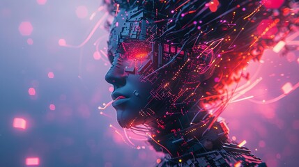 Imagine a character with glitchy hair and circuitry skin hacking into virtual systems to unlock new levels of productivity and innovation. They navigate through digital mazes and obstacles - obrazy, fototapety, plakaty