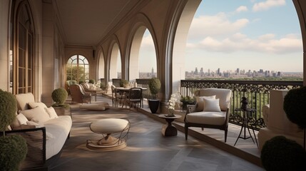 Lavish Beaux Arts penthouse terrace with arched French doors stone balustrades and wrought iron bistro seating areas. - obrazy, fototapety, plakaty