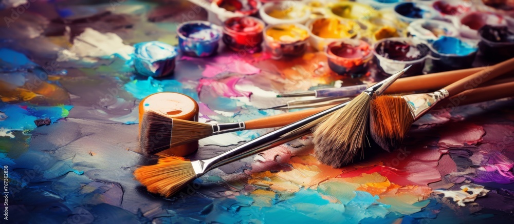 Poster an artistic palette of colorful paint and various brushes displayed on a table, creating a visual ar
