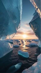 Ice chunks breaking off from icebergs in warmer waters