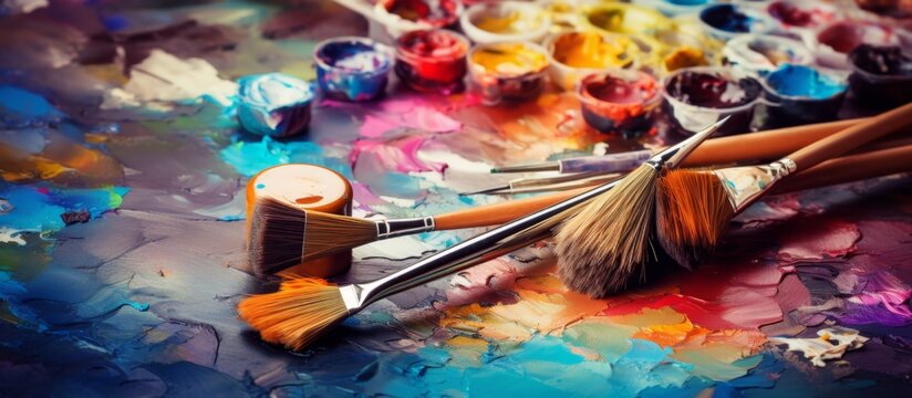 An artistic palette of colorful paint and various brushes displayed on a table, creating a visual arts event full of creativity and fun