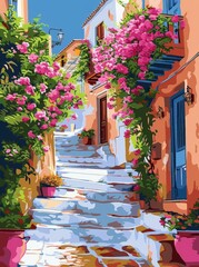Fototapeta na wymiar A painting depicting a street filled with colorful flowers in bloom, capturing a vibrant scene of urban beauty