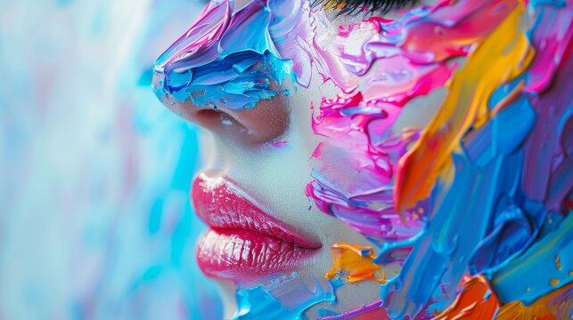Pretty lady painting with bright colors, forming abstract painting