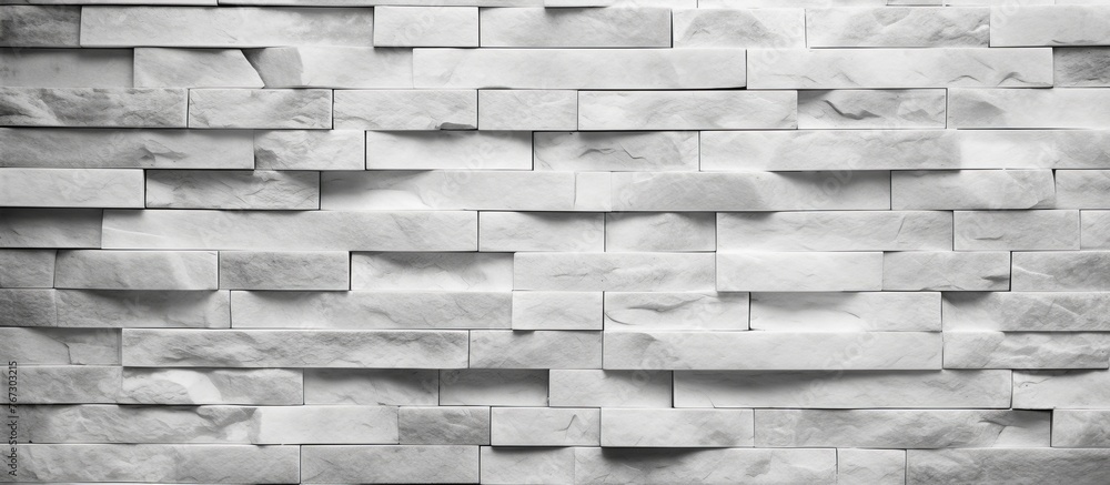 Poster a detailed shot of a white brick wall displaying a geometric pattern made up of rectangular shapes. 