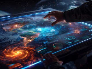 A man is pointing at a map on a computer screen. The map is filled with glowing colors and he is a projection of the Earth. The man's hand is hovering over the map