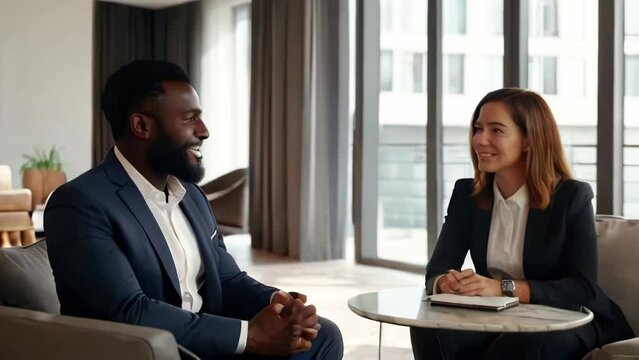 African client in business suit sitting at table communicates with realtor in apartment while purchasing modern property. Real estate agent listens with smile before making deal.