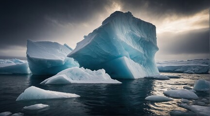 Ice chunks breaking off from icebergs in warmer waters - obrazy, fototapety, plakaty