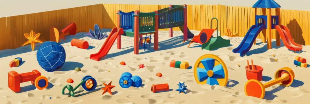 Illustration of Outdoor games with a variety of toys scattered on the sand