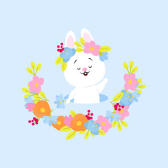 Cute white Easter bunny with a wreath of spring flowers
