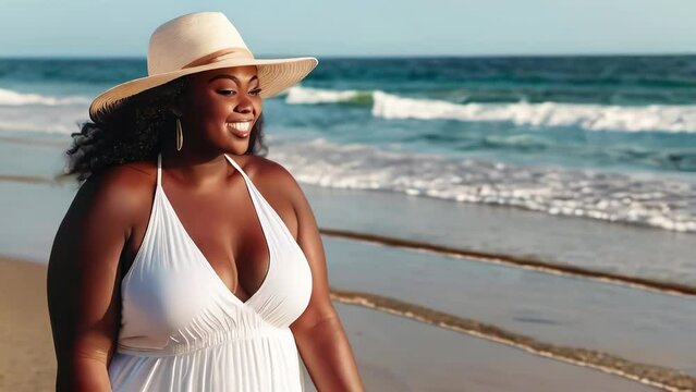 Plus size African American woman in straw hat walks along sea. Black woman on vacation by ocean. Waves roll onto shore.