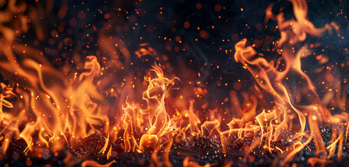 Fototapeta na wymiar Dynamic eruption of vibrant flames dancing against a dark canvas, creating a breathtaking scene. [Copy space on blank labels word.]