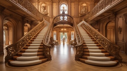 Obraz premium Lavish Gilded Age entry hall with intricately carved plaster molding ceiling herringbone parquet floors and grand staircase.