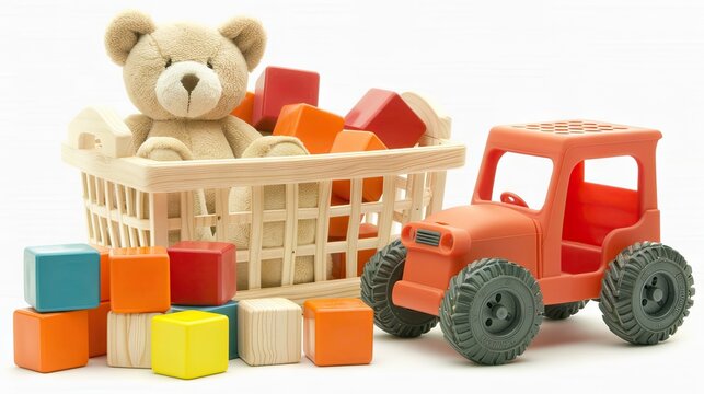 vibrant colors and textures of the toys against the white background.