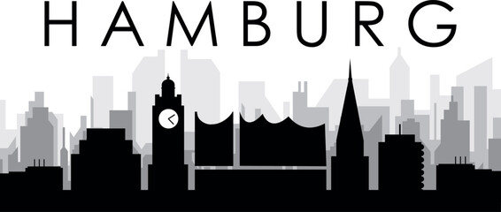 Obraz premium Black cityscape skyline panorama with gray misty city buildings background of HAMBURG, UNITED ARAB EMIRATES