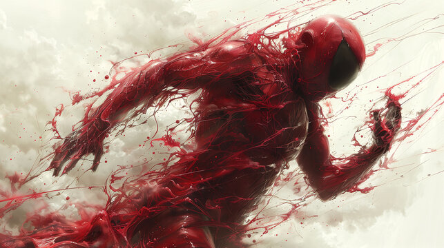 A superhero in motion runs and leaves splashes of red paint or blood behind him.
