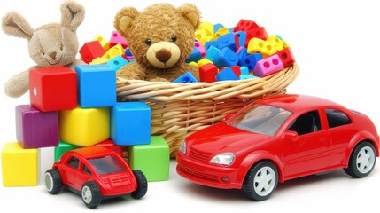 vibrant colors and textures of the toys against the white background.