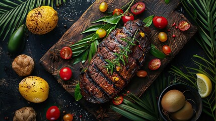 Caribbean roast: meat with tropical fruits in a plate, top view - obrazy, fototapety, plakaty