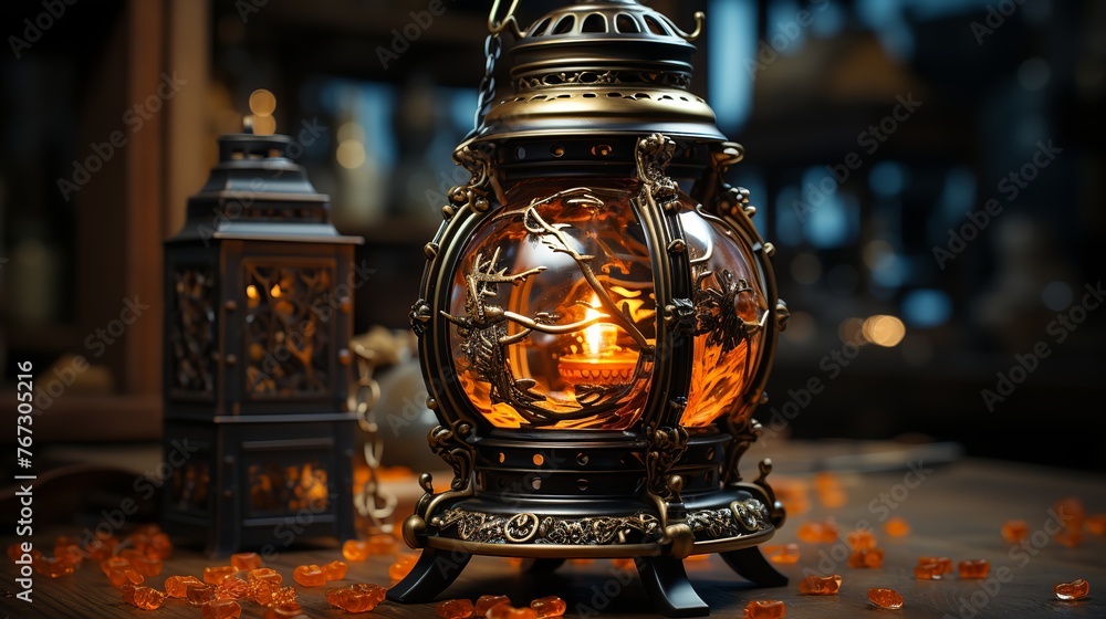 Wall mural Vintage lantern with burning candle on blurred background. Ramadan Kareem concept