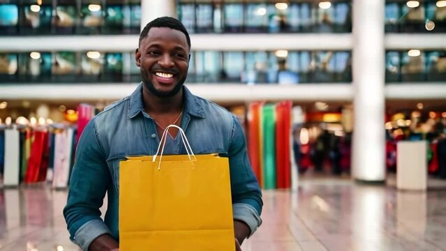African man smiles and holds yellow craft bag with desired purchase in hands. Happy middle aged man after successful shopping in shopping mall.