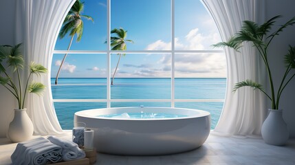 Sea view from circle window with bathtub