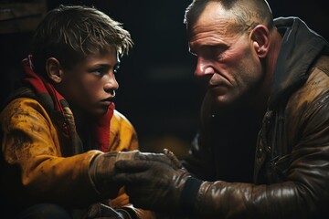 Obraz premium Coach preparing fighter with care and determination., generative IA