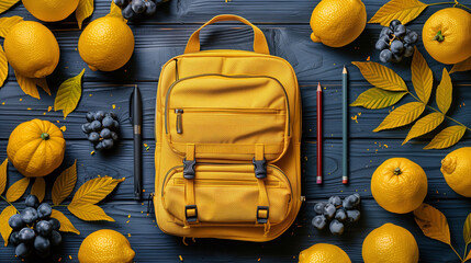 Yellow backpack on a dark wooden surface surrounded by fresh lemons and blueberries with green leaves and pencils. - Powered by Adobe