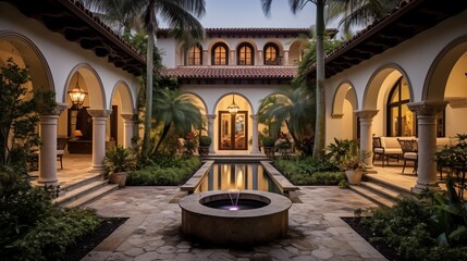 Lavish Mediterranean courtyard oasis with tiled fountains covered loggias tropical landscaping and outdoor kitchen. - obrazy, fototapety, plakaty