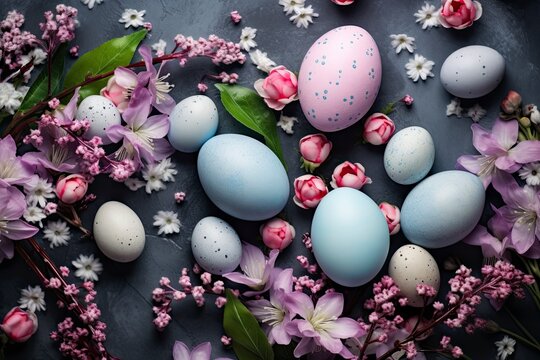 Happy Easter. Congratulatory easter background. Easter eggs and flowers - generative ai