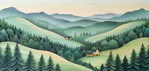 Serene paper cut landscape with cozy cottages and rolling hills at dawn