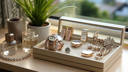 wedding rings and jewelry in a box on a windowsill - obrazy, fototapety, plakaty