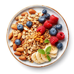 Round plate with healthy granola, almond nuts, berries, and bananas. Tasty muesli breakfast with cereals and fresh fruits, isolated on white background. Diet, healthy eating.