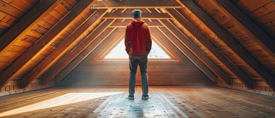Thorough Home Inspection: Expert Technician Assessing Attic with Wooden Beams for Comprehensive Evaluation and Improvement