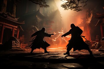 Kung Fu's epic struggle in ancient temple., generative IA - obrazy, fototapety, plakaty
