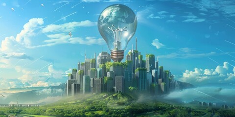 Sustainable Cityscape Inside a Light Bulb