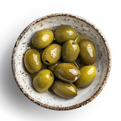 Tasty big green olives in a rough ceramic bowl, isolated on white background. Traditional Mediterranean cuisine. Gourmet food.