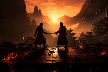 Fotobehang Epic duel in Chinese temple during a kung fu movie., generative IA © JONATAS