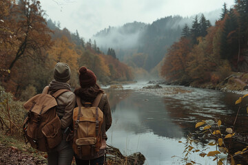 Couple with backpacks enjoying a misty river view in autumn. Hiking and relationship concept. Design for travel content, banner, and couples retreat promotion. - obrazy, fototapety, plakaty